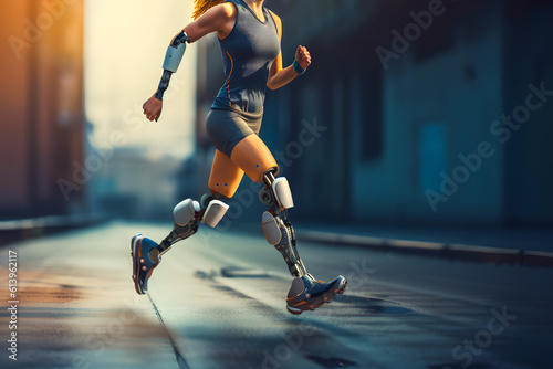 Young girl with both prosthetic arm and legs runs along the city street. Generative AI. photo