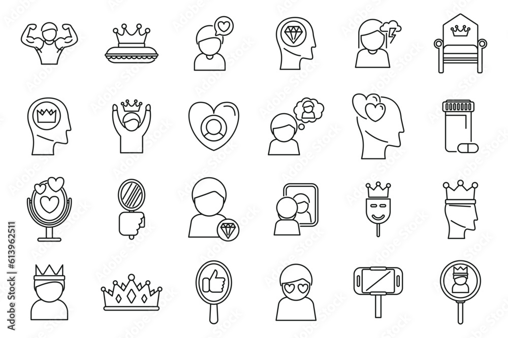 Narcissism icons set outline vector. Mental health. Emotion control Narcissism icons set outline vector. Mental health. Emotion control