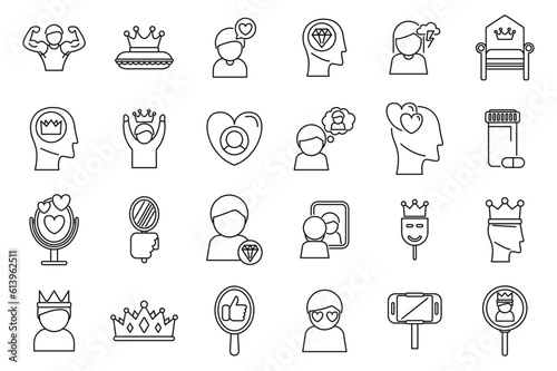Narcissism icons set outline vector. Mental health. Emotion control