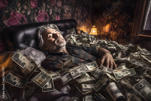 Old gray man sleeps in a bed at home strewn with banknotes of dollars paper currency, savings rich. Keeping his money savings by him at home. Finance management concept. Generative AI.