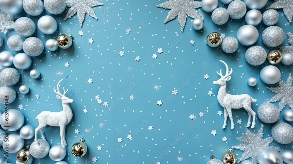 Christmas snowy banner with a border showcasing shiny balls, stars and decorations on a winter background