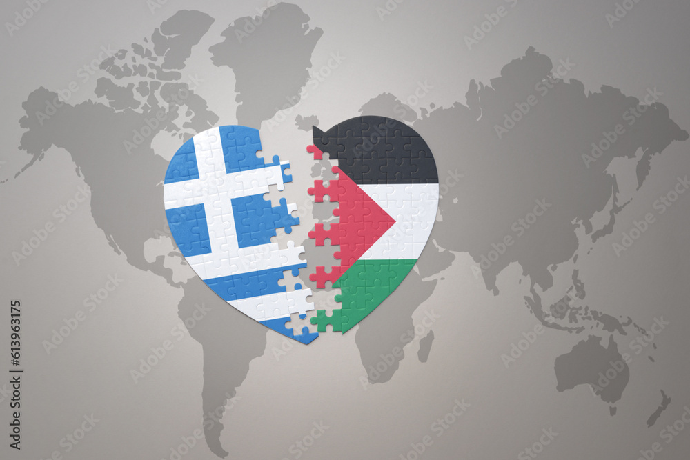 puzzle heart with the national flag of palestine and greece on a world map background.Concept