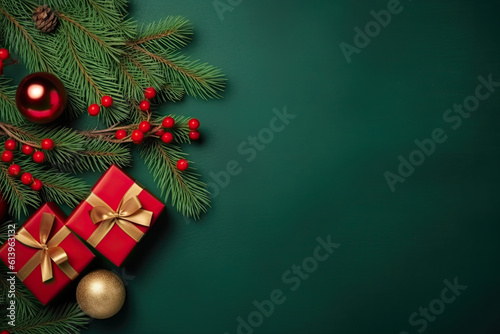 Christmas banner with blank space for text, green background, giftboxes, fir tree branches, red ornaments