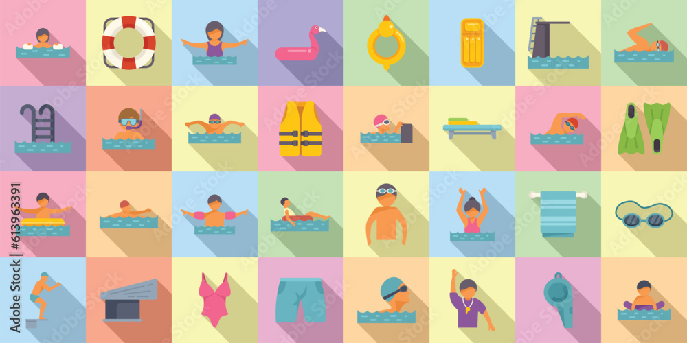 Swimming lessons icons set flat vector. Gym towel. Bag swim Swimming lessons icons set flat vector. Gym towel. Bag swim