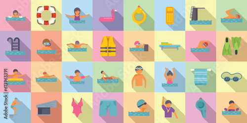 Swimming lessons icons set flat vector. Gym towel. Bag swim