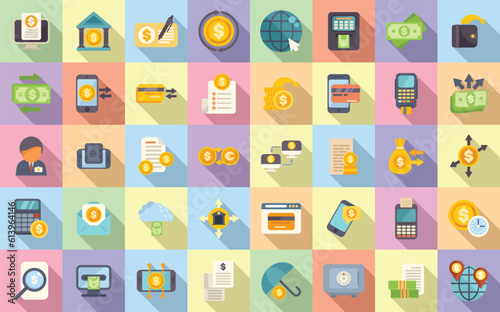 Banking transactions icons set flat vector. Online bank. Mobile app