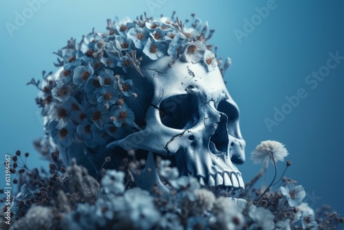 skulls adorned by colorful flowers
