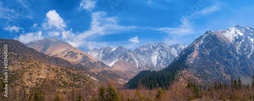 Obraz na płótnie Panorama of mountains and glaciers under blue cloudy sky panoramic w salonie