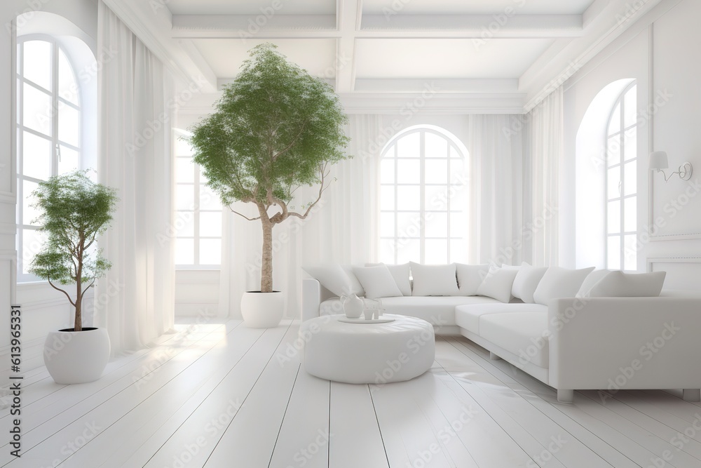 White minimalist living room interior with sofa on a wooden floor, decor on a large wall, white landscape in window. Home Nordic interior | Scandinavian interior poster mock up,Generative AI.