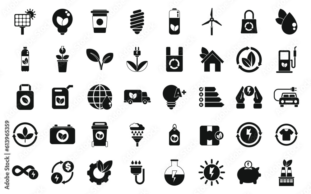 Environmentally friendly consumption icons set simple vector. Bio acumulator. Green energy