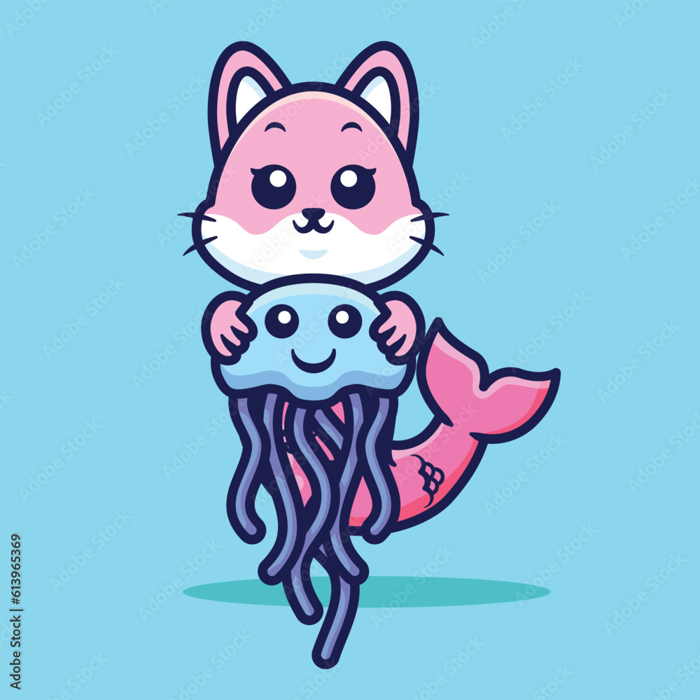 Cute mermaid cat holding a jellyfish cartoon vector illustration Cute mermaid cat holding a jellyfish cartoon vector illustration