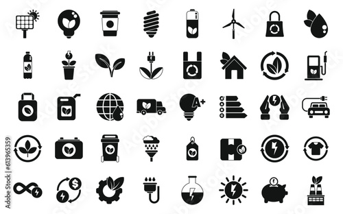 Environmentally friendly consumption icons set simple vector. Bio acumulator. Green energy