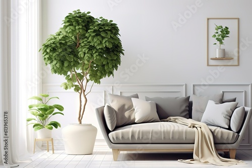 Bright living room interior with white empty wall | Beautiful contemporary living room home interior | Modern kitchen and modern living room in white interior design, Generative AI.