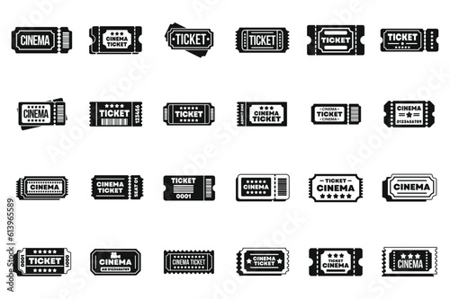 Cinema ticket icons set simple vector. Movie paper. Entry room