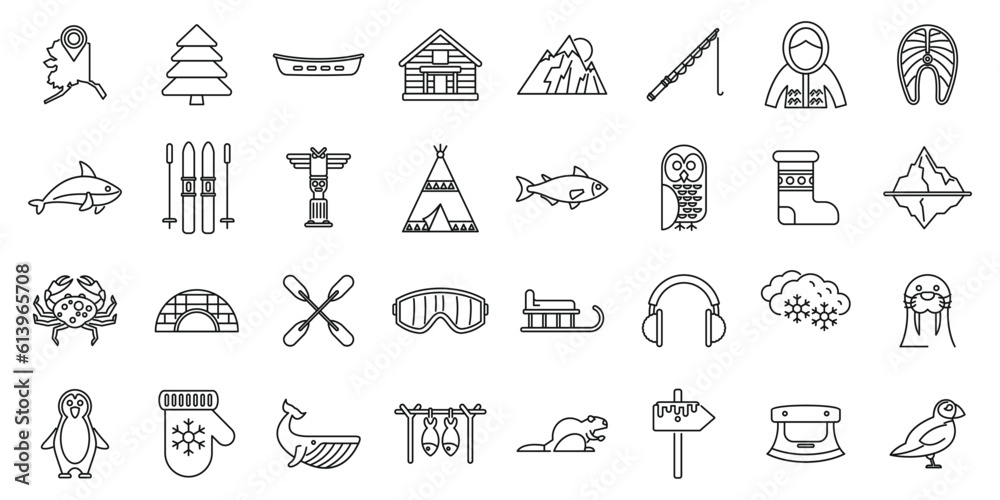 Alaska icons set outline vector. Sled dog. People igloo