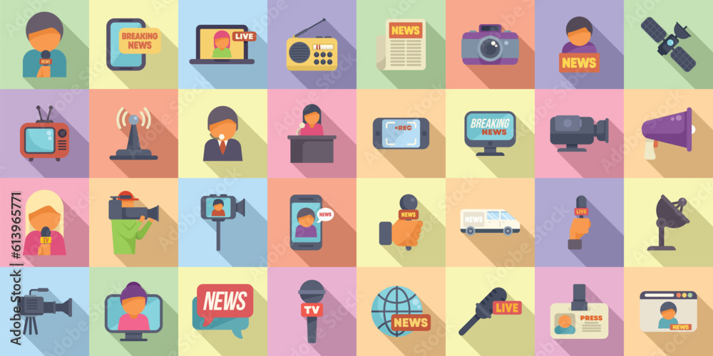 TV reporter icons set flat vector. Studio tv. Camera crew TV reporter icons set flat vector. Studio tv. Camera crew