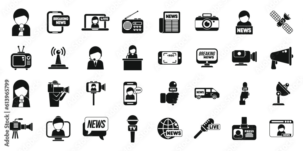 TV reporter icons set simple vector. Studio tv. Camera crew