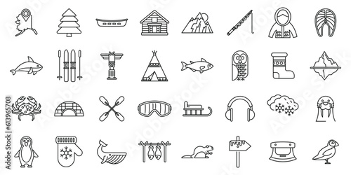 Alaska icons set outline vector. Sled dog. People igloo