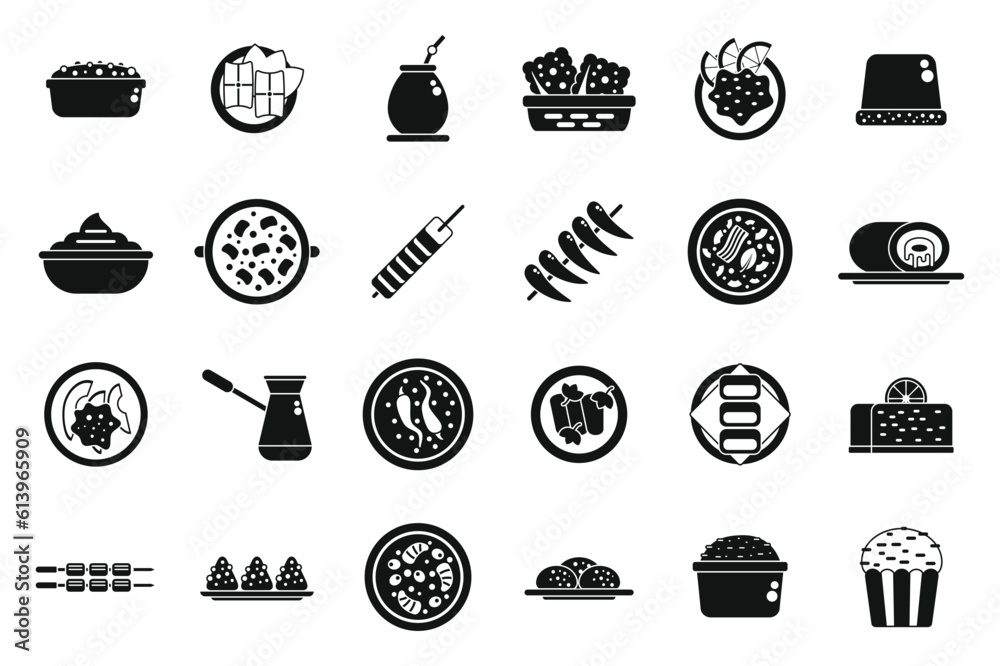 Brazilian culinary icons set simple vector. Rice plate. Meat fried
