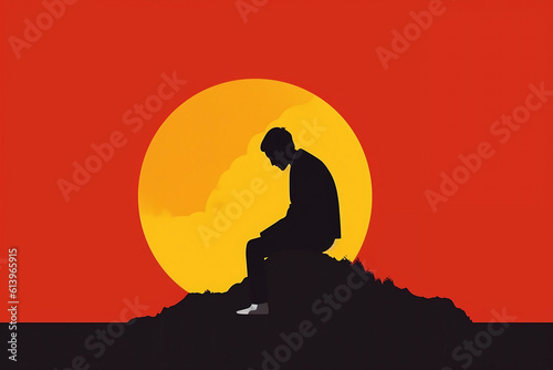 Illustration of a pensive figure against red and yellow background --Generative AI