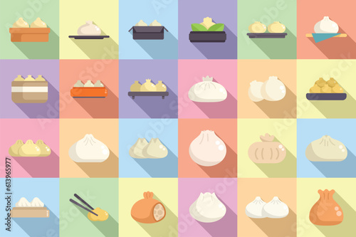 Baozi icons set flat vector. Asia cooking. Cuisine manju