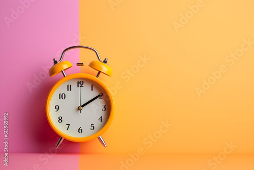 Retro yellow clock against a yellow and pink wall --Generative AI