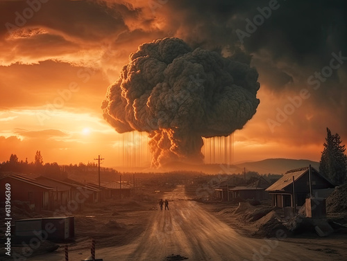 Immerse yourself in a post-apocalyptic scenario as a colossal nuclear bomb explosion engulfs the world in chaos, depicting the grim reality of doomsday. Generative AI.