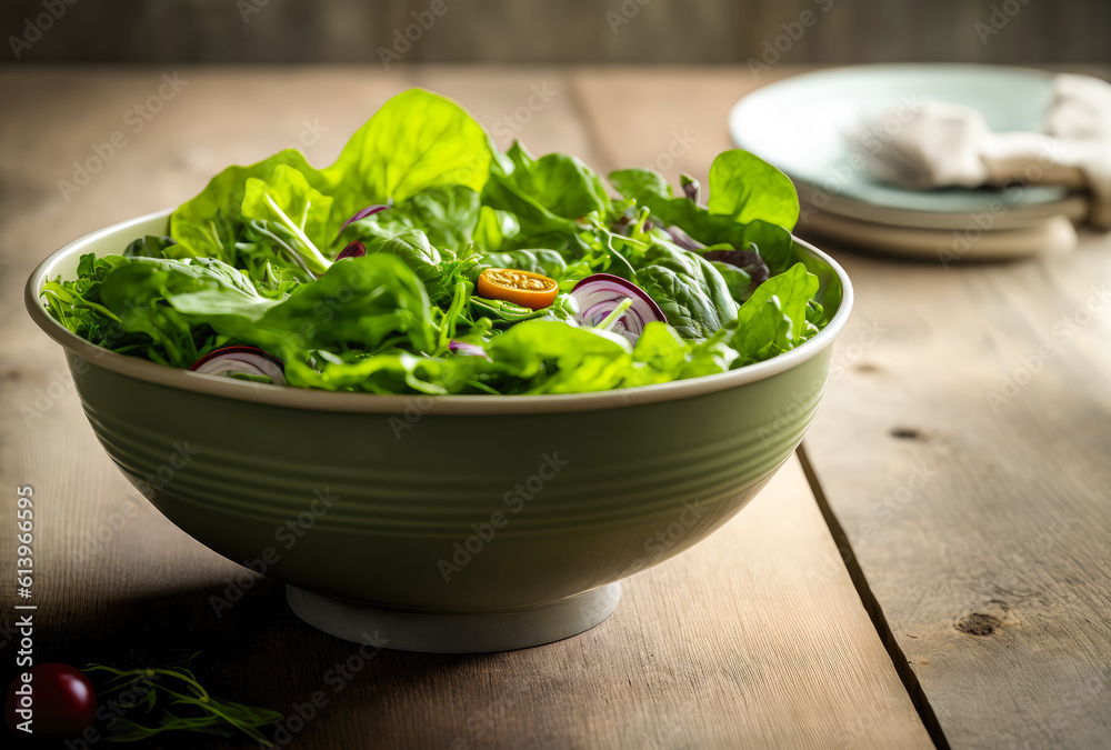 Bowl of green salad standing on a kitchen counter. Created with Generative AI. Bowl of green salad standing on a kitchen counter. Created with Generative AI.