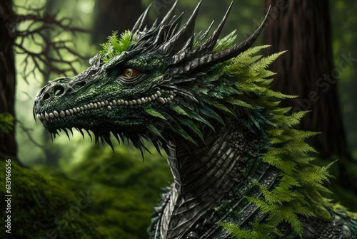 Portrait of a forest dragon standing in a forest. Created with Generative AI.