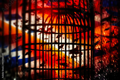 Abstract illustration of a bird cage with birds inside it on a red background. Created with Generative AI.
