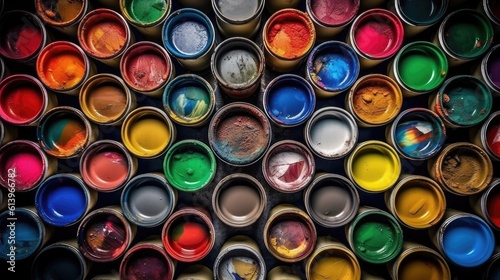 Set of open plastic cans with colored paints, top view. Image generated by AI