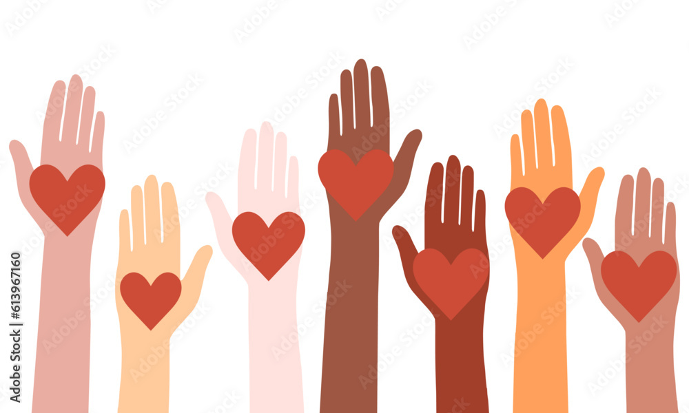 Multiracial hands with hearts vector illustration. Raised hands volunteering vector concept