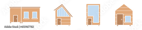 Small home modern icon set, tiny house concept, mobile apartment icons, portable cottage emblems, log cabin symbols isolated on white background