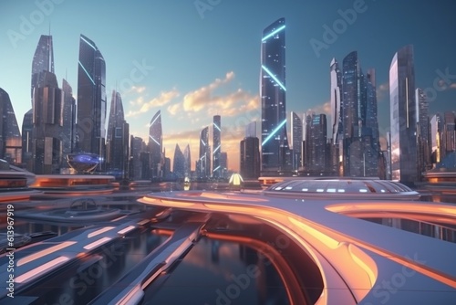 A futuristic cityscape with advanced transportation technology  such as flying cars or hoverboards  Generative AI