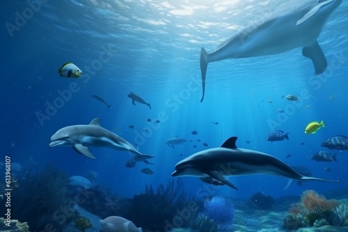 A detailed illustration of a group of marine animals, such as whales or dolphins, in a serene and peaceful underwater environment, Generative AI