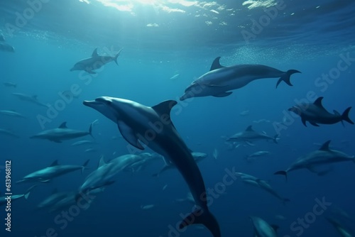 A detailed illustration of a group of marine animals, such as whales or dolphins, in a serene and peaceful underwater environment, Generative AI