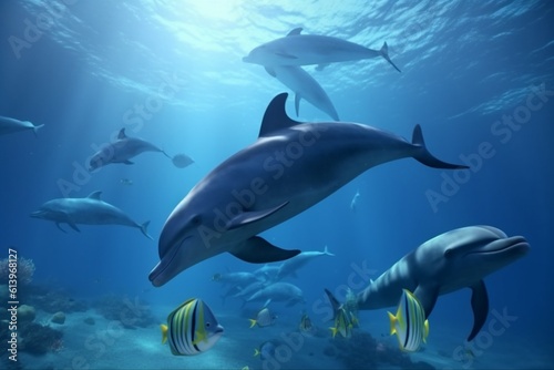 A detailed illustration of a group of marine animals, such as whales or dolphins, in a serene and peaceful underwater environment, Generative AI © ARNALDO