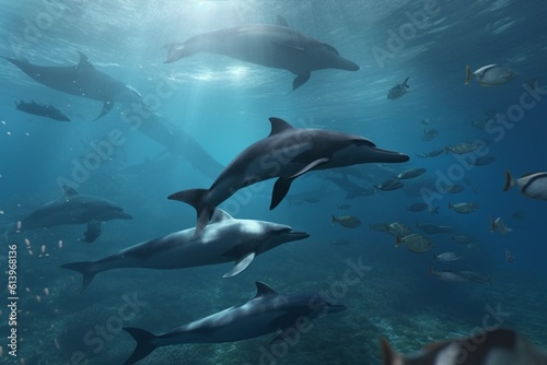A detailed illustration of a group of marine animals  such as whales or dolphins  in a serene and peaceful underwater environment  Generative AI