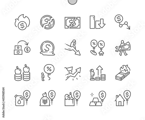 Inflation. Bankrupt. Economic bubble. Money tax rate and crisis. Pixel Perfect Vector Thin Line Icons. Simple Minimal Pictogram