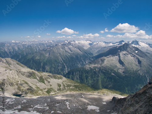 View on jagged mountains and glaciers of Zillertal alps on a summer day mountains  rocks  blue sky.  Zillertal alps Zillertaler alpen  Austria.  .