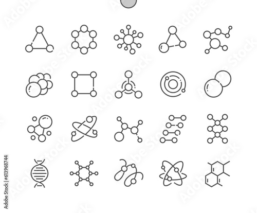 Molecule. Science and chemistry. Atom structure, connection, genetic. Pixel Perfect Vector Thin Line Icons. Simple Minimal Pictogram