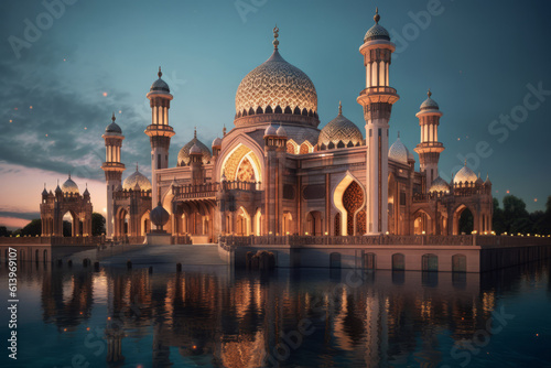 Exterior of a beautiful ornate muslim religious mosque at sunset. Generative ai © ink drop