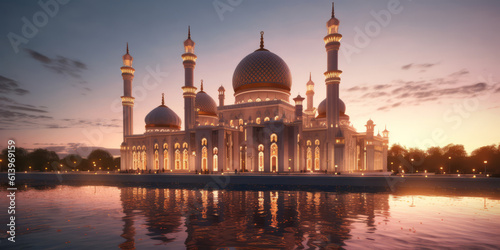 Exterior of a beautiful ornate muslim religious mosque at sunset. Generative ai