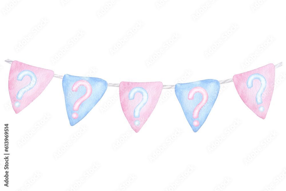 Blue pink flags boy girl, kids question. Hand drawn watercolor illustration isolated on white background. Gender reveal party, baby shower, children's design, newborn products