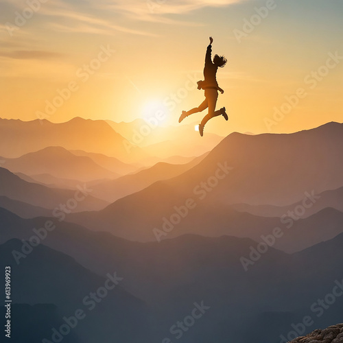 silhouette of a person jumping in the mountains