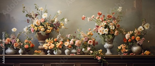 An artistic arrangement of exquisite floral bouquets and delicate porcelain vases on a marble tabletop, conveying the beauty and grace of nature. Generative AI. 