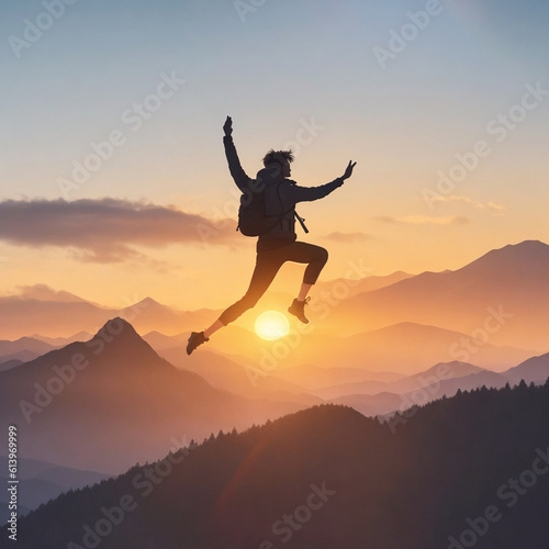 silhouette of a person jumping in the mountains