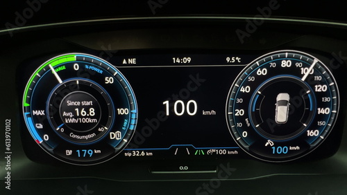 Electric car speedometer reaching speed extremely fast driving. Acceleration electric vehicle dashboard closeup. Acceleration electric car engine. Powerful Engine. Electric Vehicle Dashboard Panel