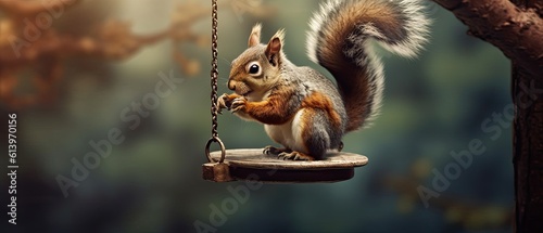 A playful image of a squirrel hilariously trying to balance on a bird feeder, causing it to swing back and forth. Generative AI.  © Dannchez