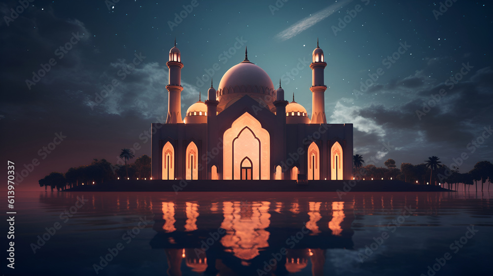 Mosque Night View With Many Stars and moon in the sky, Generated AI